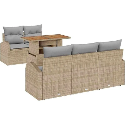 Image of vidaXL 6 Piece Garden Dining Set with Cushions Beige Poly Rattan Acacia