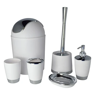 Image of Bathlux Modern Design 6 Piece Bathroom Accessory Set, Toilet Brush, Waste Bin, Soap Dish, Tooth Brush Holder Dispenser, Rinse Cup (White)
