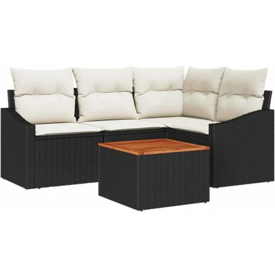 Image of vidaXL 5 Piece Garden Sofa Set with Cushions Black Poly Rattan Acacia