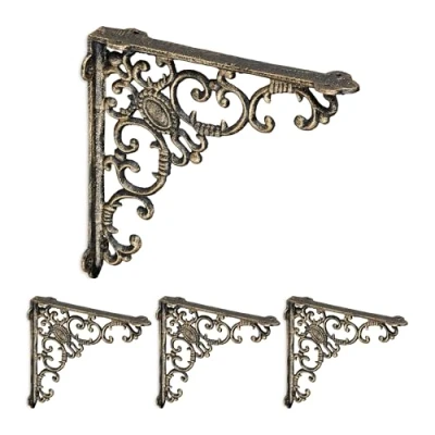 Image of Relaxdays Shelf Brackets, Set of 4, Cast Iron, Antique Style Supports, for Wall Mounted Shelves, 21.5x4x21.5 cm, Bronze