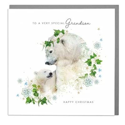 Image of To A Very Special Grandson Polar Bear And Cub Christmas Card with Grey Envelope by Lola Design