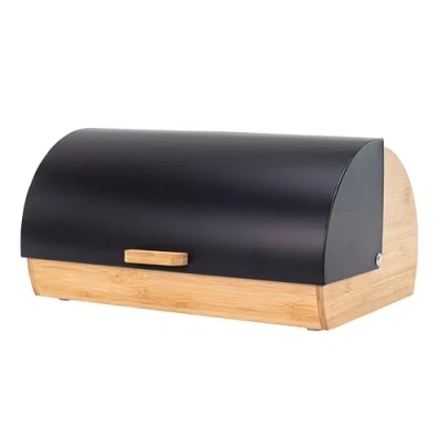 Image of Erreke Bread Bin, Black Bins for Kitchen, Roll Top Large Front Opening, Increase Freshness Time and Preserve Aroma of Fresh Bread, Box Made Steel Bamboo