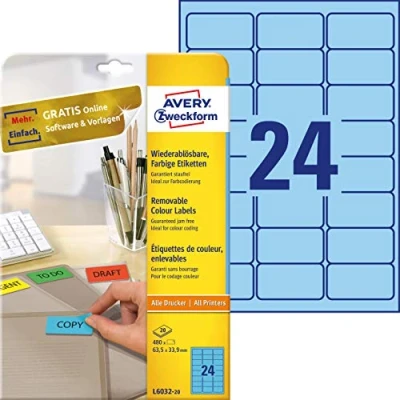 Image of Avery L6032 20 Printable Labels with Removable Adhesive (Label Size 63.5 x 33.9 mm, A4 Sheets per Pack) Blue