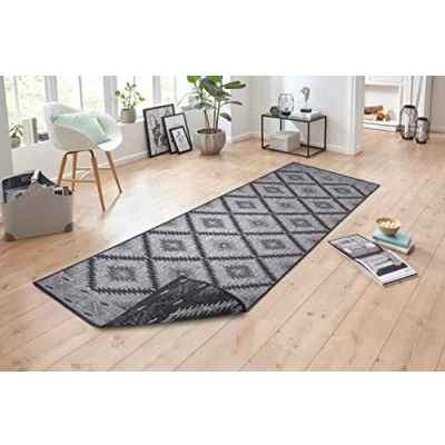 Image of NORTHRUGS Malibu Indoor and Outdoor Rug 80 x 250 cm Reversible Weatherproof Modern Geometric Pattern Runner for Balcony Patio Garden Conservatory Living Room Waterproof in Night Silver