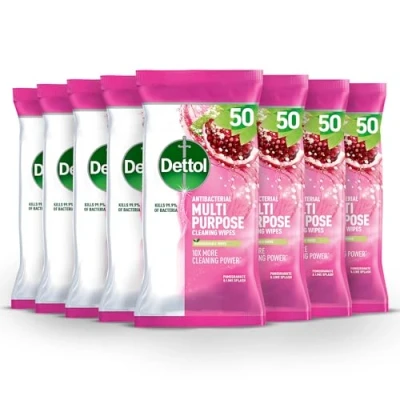 Image of Dettol Antibacterial Surface Cleaning Wipes, Pomegranate, Total 400 Wipes (8 Packs X 50), Anti Bac Multi Purpose Kills 99.9 Percent of Germs, Disinfectant