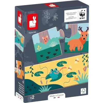 Image of Janod Animal and Footprints Box of 10x 3 Piece Puzzles Early Years Developmental Game in Partnership with WWF 24 Months +, J08649, Multicolor