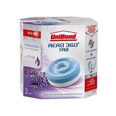 Image of UniBond AERO 360 Moisture Absorber Lavender Refill Tab, Aromatherapy, Ultra Absorbent and Odour Neutralising, for Dehumidifier, Condensation Absorbers, Twin Pack (2 x 450 g)