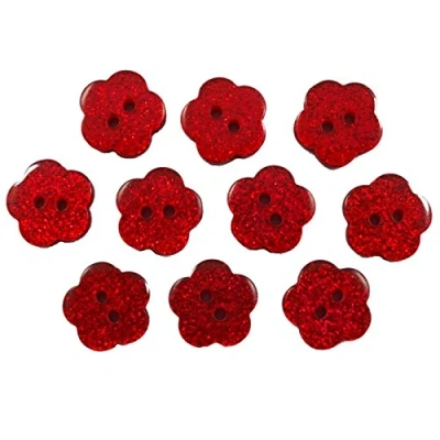 Image of Colour Glitter Flower Shape Buttons 14mm Pack of 10 (Red)