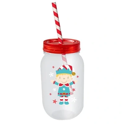 Image of Widdle Gifts Christmas Mason Jar and Straw Re useable Sturdy Plastic Childrens Elf 4045
