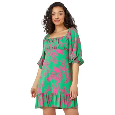 Image of Roman Originals Women Gathered Chest Dress Ladies Stretchy Fit &amp; Flare Swing Tea A Line Skater Knee Length Midi Smart Casual Work Round Neck Going Out Cocktail Party Green Pink Size 12