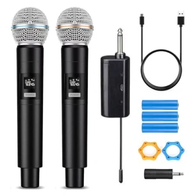 Image of Wireless Microphone System for 2 People, 2.4G Dual Handheld Cordless Metal Dynamic Mic with Rechargeable Receiver, Karaoke Singing, Wedding, DJ, Party, Speech, Church, Class Use, 160ft