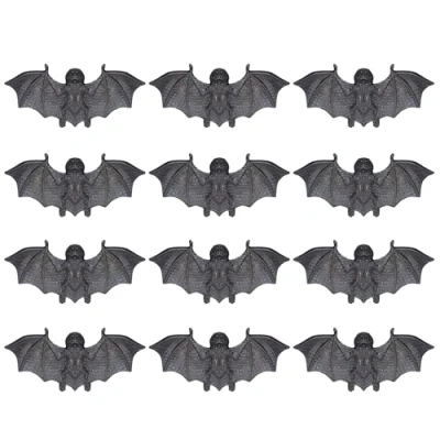 Image of AKH® Halloween Rubber Bats Pack of 12 Realistic Black Hanging Decorations for Spooky Decor, Creepy Party Props, and Haunted House Decoration