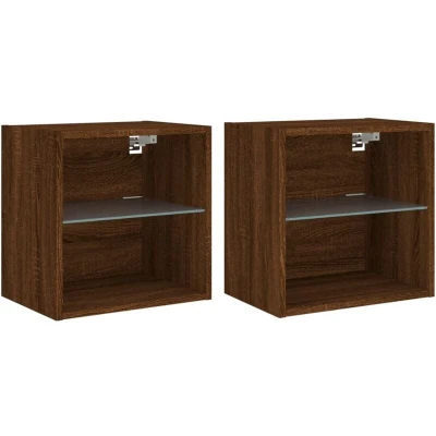Image of vidaXL Bedside Cabinets with LED Lights Wall mounted 2 pcs Brown Oak