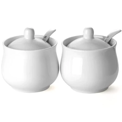 Image of zeeooil Sugar Bowl with Lid and Spoon Set of 2 White Pot Container (G2)
