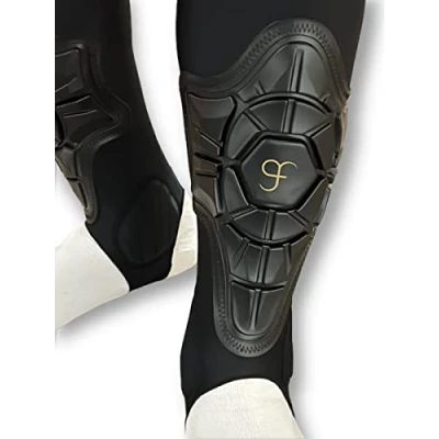 Image of GF Shin Guard for Football, Kickboxing, Hockey, Mountain Biking or Skate Boarding Providing Extended High Impact Protection and Enhanced Flexibility Black with Gold Brand (Medium)