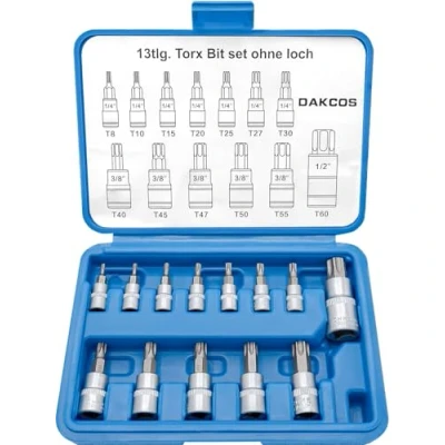 Image of DAKCOS 13pcs Torx Bit Socket Set, T8 T60 Set 1/4&quot;, 3/8&quot;, 1/2&quot;, CR V Sockets and S2