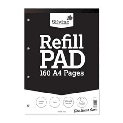 Image of Silvine 160 Page A4 Refill Pad, Head Bound and Punched 4 Holes. Plain White Pages. Ref A4RPP