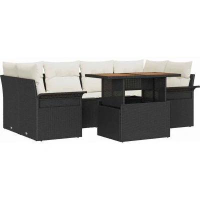 Image of vidaXL 7 Piece Garden Sofa Set with Cushions Black Poly Rattan Acacia