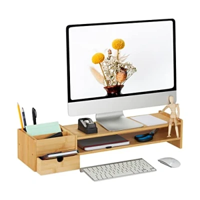 Image of Relaxdays Bamboo Monitor Stand, 5 Compartments, Screen Raiser Desk, HWD: 16 x 57.5 25 cm, Work Base, Natural, 13x70x19cm