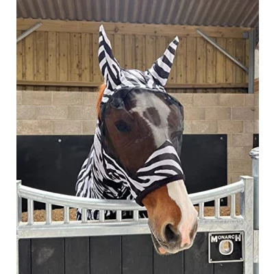 Image of Zebra Print Fly Mask Hood with Ears Horse and Pony Sizes (L (Full))