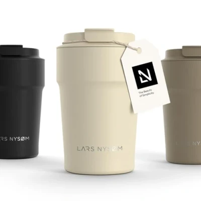 Image of LARS NYSØM Thermo Coffee Mug to Go 13oz Travel 0.38 Liter with Insulation Leak Proof Stainless Steel Thermal Tumbler for and Tea on The (Almond Beige, 380ml)