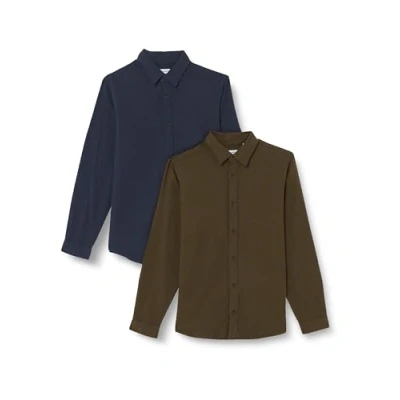 Image of JACK &amp; JONES Men&#039;s Jjplain Fall Solid Shirt Ls 2mp, Forest Night/Pack:Forest Night + Navy Blazer, XL