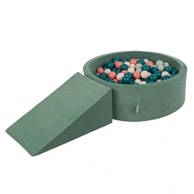 Image of KiddyMoon Foam Playground Velvet For Kids With Round Ballpit (100 Balls ∅ 7Cm/2.75In) Soft Obstacles Course And Ball Pool, Forest Green:Dark Turquoise/Pastel Beige/Greygreen/Salmon Pink