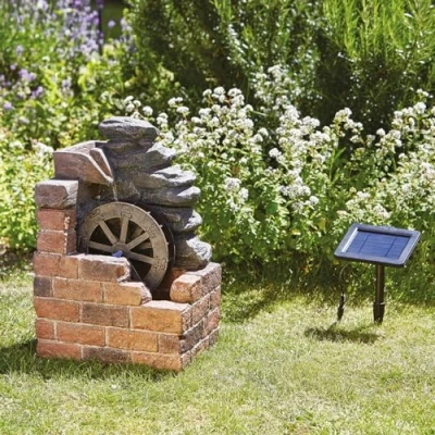 Image of Heywood Watermill Solar Powered Fountain Brick Effect Polyresin Outdoor Garden Cascading Water Feature for Patio, Decking, Balcony, Lawn, Yard Measures H50 x W33 D25cm