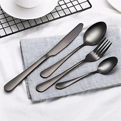 Image of Frolahouse Black Flatware Set 16 Piece, Stainless Steel Set, Silverware, 4 Spoons,4 Forks, Knives and Teaspoons, Cutlery Service for