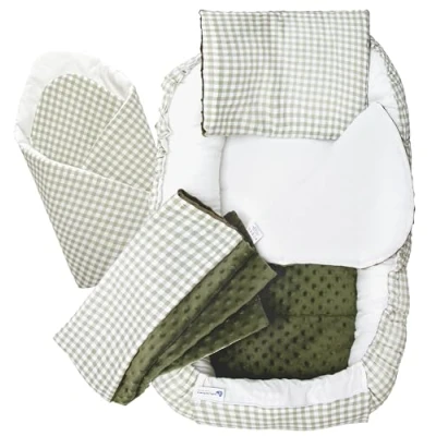 Image of Medi Partners 5 Piece Baby Nest Set 100 x 60 15 cm Removable Insert Bed Cuddly Crawling Blanket Newborn 100% Cotton (Grid with Olive Plush)