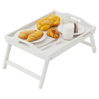 Image of Mantraraj Bamboo Bed Tray Table with Foldable Legs And Handles Breakfast for Sofa, Bed, Eating, Platters, Working, Serving, Drawing, Laptop Stand, Wooden Snack Used As Lap (White)
