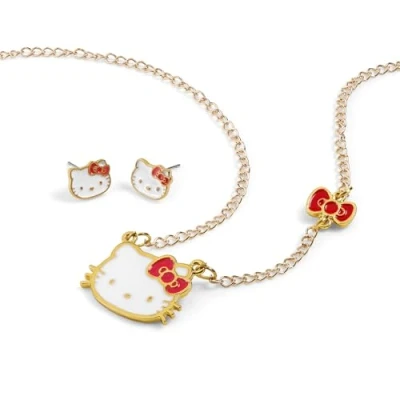 Image of KIDS EUROSWAN Hello Kitty Girls Earring &amp; Chain Necklace Jewellery Set