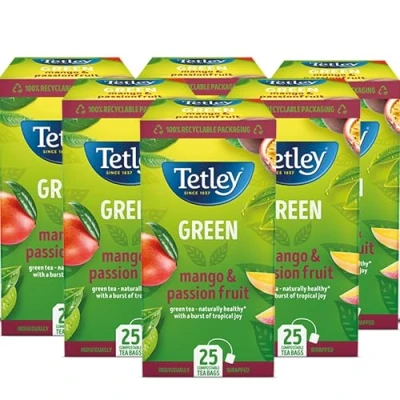 Image of Tetley Mango &amp; Passionfruit Green Tea, Pack of 6 Boxes, 150 Teabags