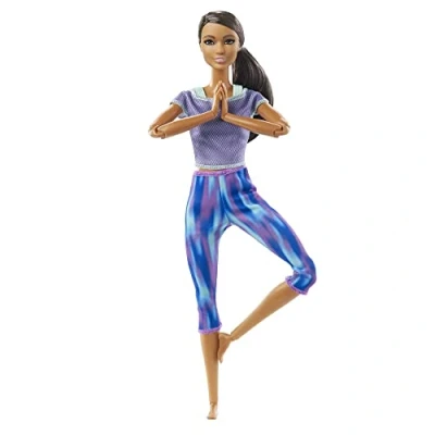 Image of Barbie Made to Move Doll with 22 Flexible Joints &amp; Curly Brunette Ponytail Wearing Athleisure wear for Kids 3 7 Years Old, GXF06, Blue, Purple