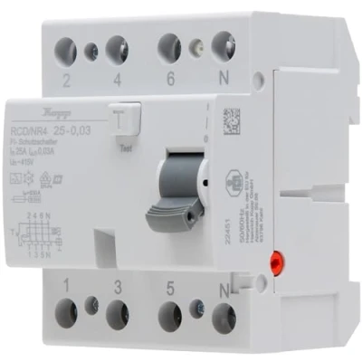 Image of Kopp NR 25A 30mA 4p Residual Current Circuit Breaker, RCD, 25 A, 30 mA, 4 Pole, 752548092, 25A/30mA