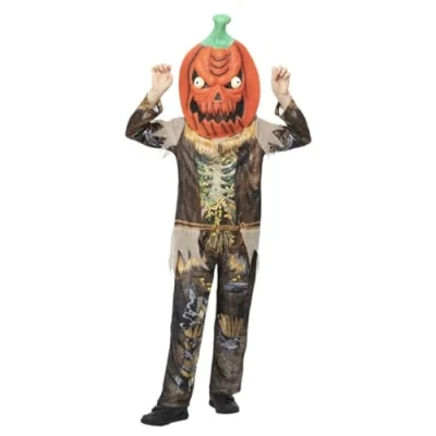 Image of Smiffys Pumpkin Scarecrow Reaper Costume All in One &amp; EVA Mask, Halloween Child Fancy Dress, Dress Up Costumes