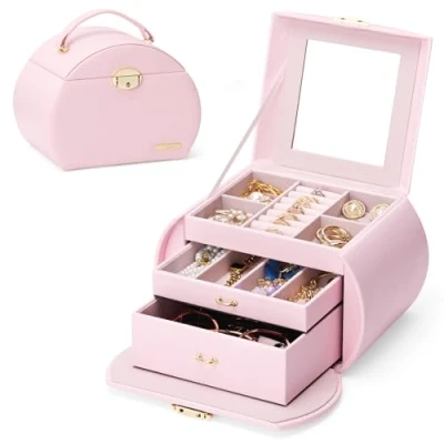 Image of Yorbay Seelux Jewellery Box for Girls, Lockable Boxes Organiser with Mirror and 2 Drawers Rings, Bracelets, Earrings,Gifts Girls Women (Pink + Gold)