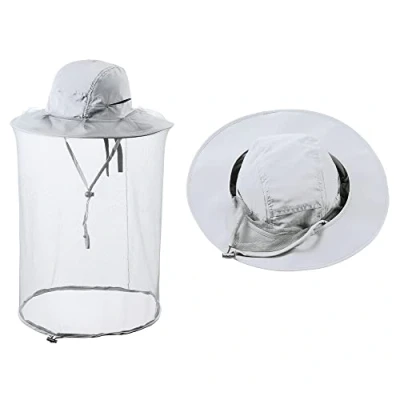 Image of ZffXH 1/2 Pcs Mosquito Insect Bug Net Hats, Safari Fishing Cap with Netting Face Mesh Shield, Beekeeper Beekeeping Bee Veil Hat for Men Women Light Grey