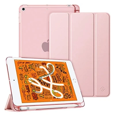 Image of FINTIE Case with Pencil Holder for iPad mini 5 7.9&quot; 2019 Lightweight Slim Shell Translucent Frosted Back Protector Cover Supports Auto Wake/Sleep, Rose Gold