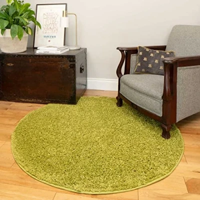 Image of Fern Light Green Olive Fluffy Shaggy Circle Carpet Floor Rug Round Super Soft Touch Luxury Non Shedding Modern Lounge Living Room Bedroom Hallway Area Rugs 135cm