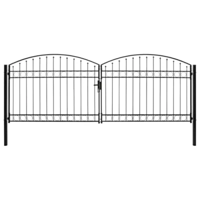 Image of vidaXL Black Steel Double Fence Gate with Arched Top 400x150cm Powder Coated, Lock &amp; Ground Pin Included for Garden/Patio
