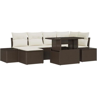 Image of vidaXL 7 Piece Garden Sofa Set with Cushions Brown Poly Rattan