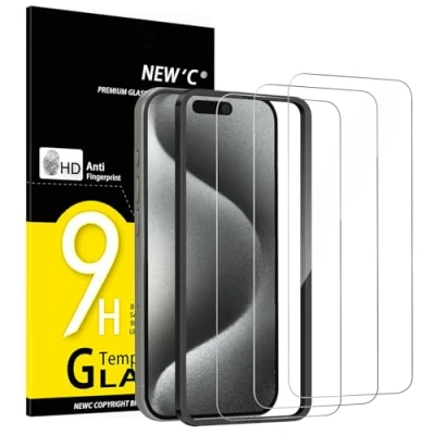 Image of NEW&#039;C Pack of 3 Tempered Glass Screen Protector for iPhone 15 Pro (6.1 Inches) Anti Scratch Film Ultra Resistant HD Clear Phone Easy Installation Tool Included