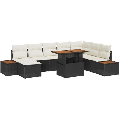 Image of vidaXL 9 Piece Garden Dining Set with Cushions Black Poly Rattan Acacia