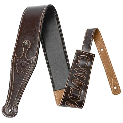 Image of Leather Guitar Strap, 3.15’’ Genuine Strap with Suede &amp; Lined for Bass, Electric and Acoustic (Brown)