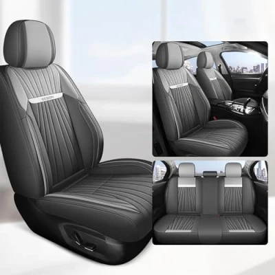 Image of Eunncu Universal Car Seat Covers Waterproof Leather Full Set, Can Protect Front and Rear Seats, To Fit Most Cars, Side Airbag Compatible, Gray White