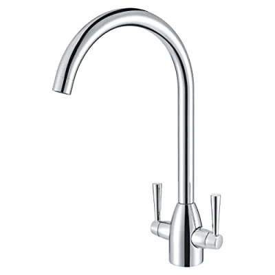 Image of Kitchen Tap Dual Lever Mixer Taps Chrome Monobloc Sink 1 Hole High Arc Brass Twin 360 Swivel Spout