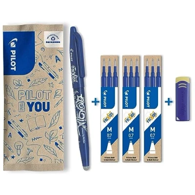 Image of PILOT FriXion Ball 0.7 Set 1 Pen, 9 Refills, Eraser Blue Erasable Rollerball Pen 0.4 mm Line Width, Comfortable Writing Guide When Writing, Thermosensitive Ink, with Replaceable Refill