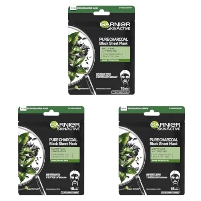 Image of Garnier Pure Charcoal And Black Tea Sheet Mask, Purifying Hydrating Face Mask With Hyaluronic Acid, LHA &amp; Extract, Mattifies Shine Prone Skin, Biodegradable Vegan Tissue 28g