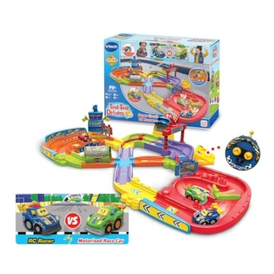 Image of VTech Toot Drivers Super Circuit RC Raceway, Toy Car Playset with 2 Vehicles Included, 3 Exciting Crash Zones, Songs &amp; Fun Phrases, Interactive Toddler 12 Months, 2, 3, 4 +, English Version